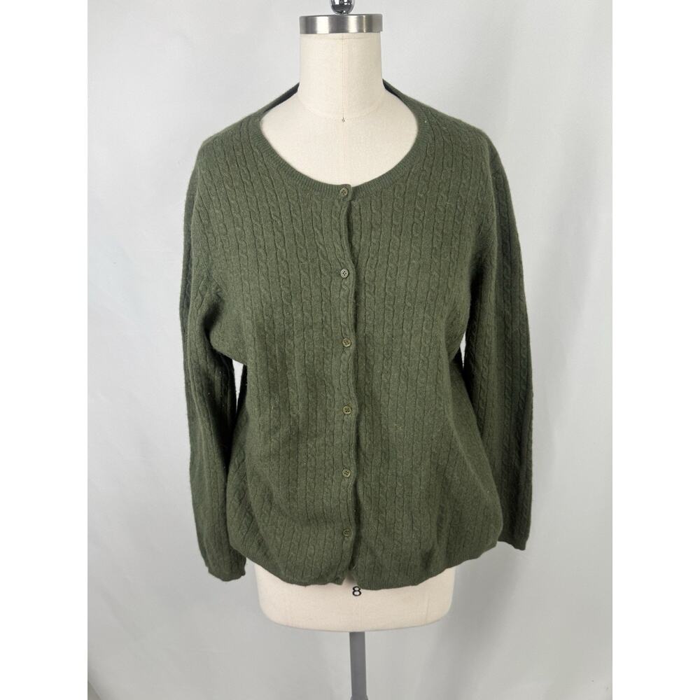 Anne Klein Sport Green Cable Knit Cardigan Sweater Merino Wool Angora Cashmere